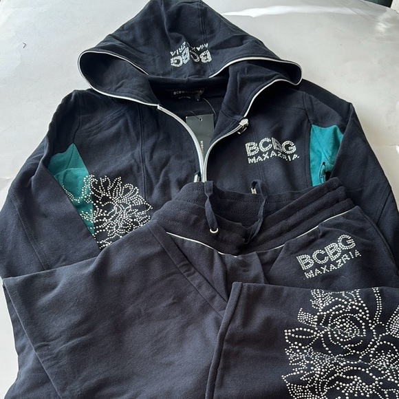 BCBGMaxAzria Pants - BCBG Max Azria Black track suit jacket and pants with floral Rhinestone Logo